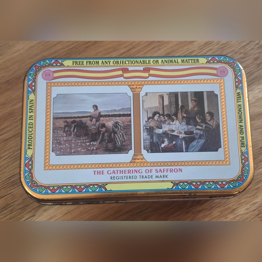 VTG The Gathering Of Saffron EMPTY TIN BOX 5”x3” Made In Spain CONTAINER